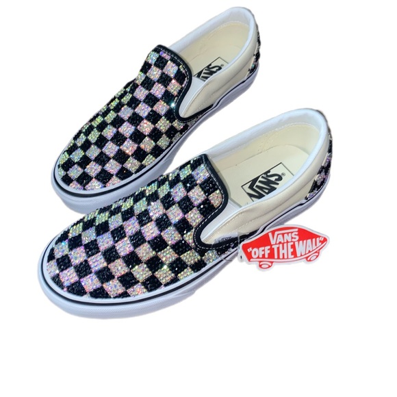 Iridescent Crystal & Jet Black Checkerboard Slip On Vans All Sizes New With Box - Picture 1 of 9